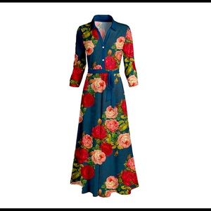 Navy and Red Floral Tie Waist Dress
